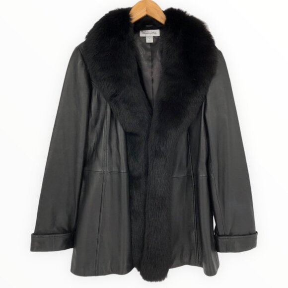 90’s Vintage Black Lambskin Leather Blue Fox Fur Collar Trim Jacket - Picture 1 of 14